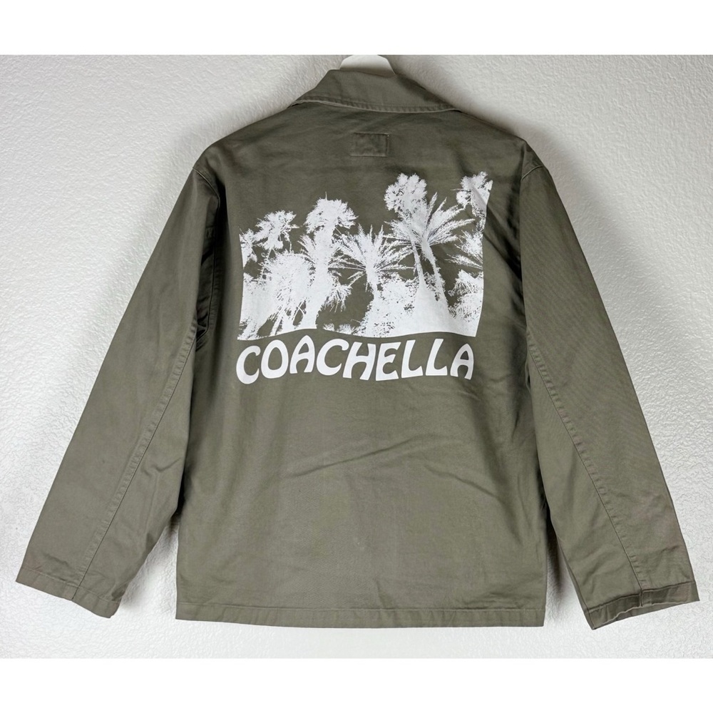 Coachella Army Green Heavy Weight Button Up Graphic Palm Trees Jacket size Small - Picture 9 of 12
